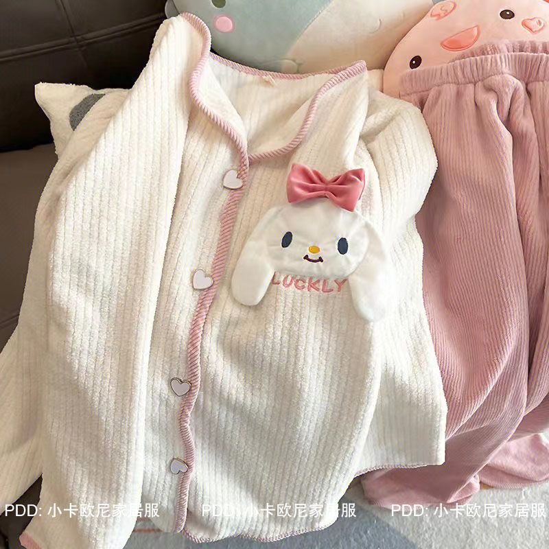 Đồ Ngủ Lông Cừu San Hô. Bộ Đồ Ngủ Lông Cừu San Hô Phối Nhung Dày In Hoạt Hình Dễ Thương Thời Trang Thu Đông Cho Bạn Gái