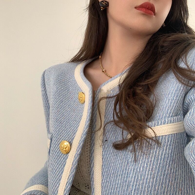 Áo Khoác Len cardigan Dáng Ngắn Rộng Màu Xanh Dương Phong Cách Pháp Thời Trang Cho Nữ