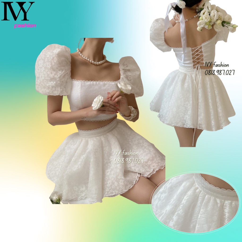 Set đầm váy áo croptop 🔥voan tơ lót lụa mút ngực🔥 cúp ngực tay phồng chân váy ngắn xòe đi biển dự tiệc cao cấp bigsize