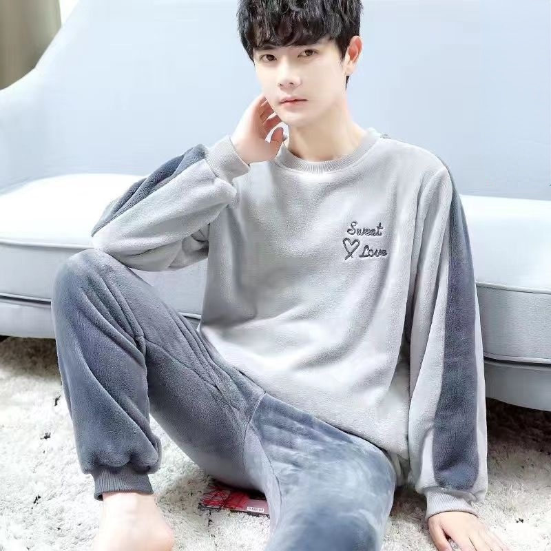 Bộ Đồ Ngủ Tay Dài Vải Flannel Phối Nhung Dày Ấm Áp Thời Trang Cho Nam