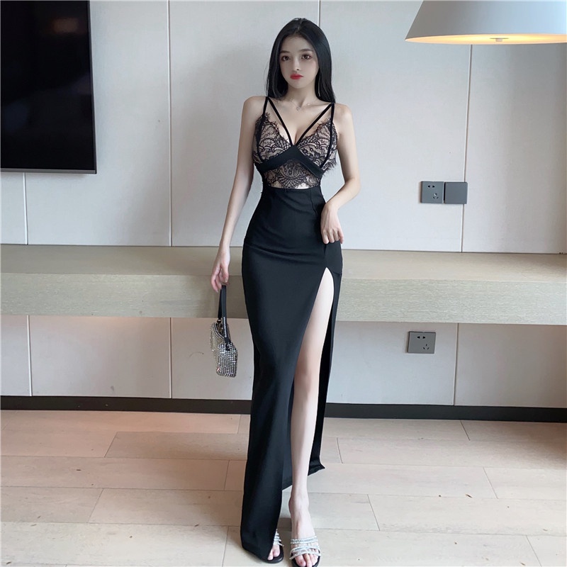 Đầm Hai Dây Dáng Dài Xẻ Tà Phối Ren Phong Cách Âu Mỹ 0656 2022 Quyến Rũ Cho Nữ