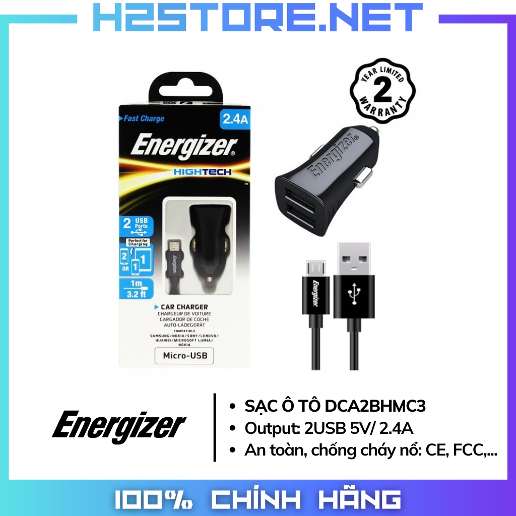 Sạc ô tô energizer 2.4a 2usb + kèm cáp micro usb - dca2bhmc3 - ảnh sản phẩm 1