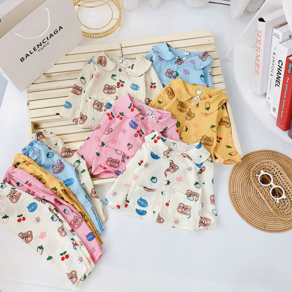 Bộ Dài Tay Pyjama Hoạ Tiết Gấu Cherry Kèm 2 Túi Cho Bé Chất Vải Xô Muslin Đủ Size Từ 6-18Kg VNXK Nhật-Hàn