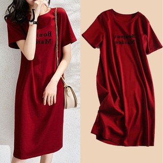 Đầm Thun cotton Dáng Chữ a Tay Ngắn Cổ Tròn Màu Đỏ Tía Phong Cách Hàn Quốc size m-xxxl