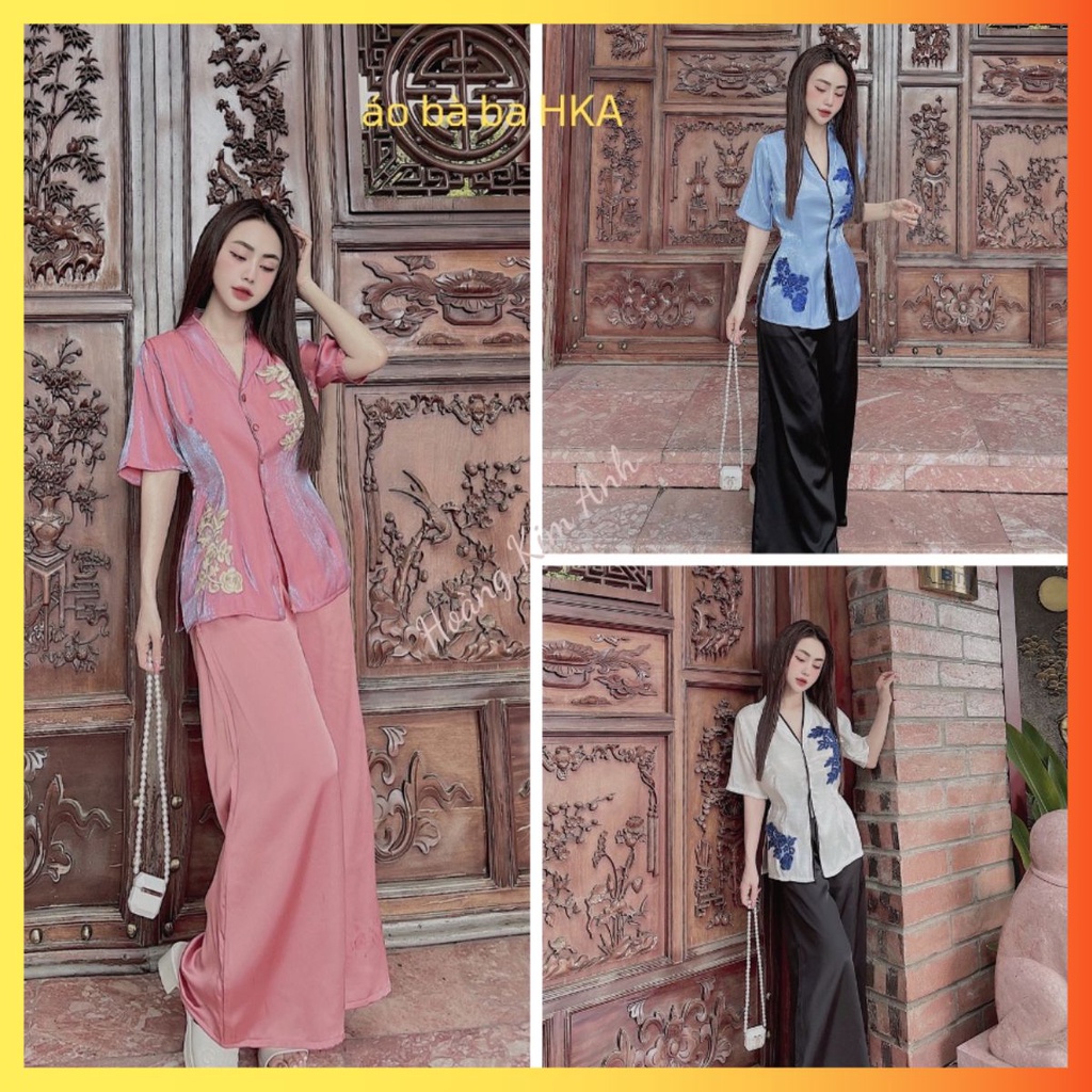 Bộ đồ áo bà ba cách tân thiết kế bộ lam cổ tim vải tơ lụa thêu hoa hàng loại 1 kèm quần may sẵn sang trọng lịch sự 3 màu