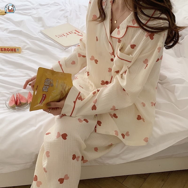 Bộ Đồ Ngủ Tay Dài Chất Liệu cotton Thời Trang Xuân Thu Xinh Xắn Cho Nữ