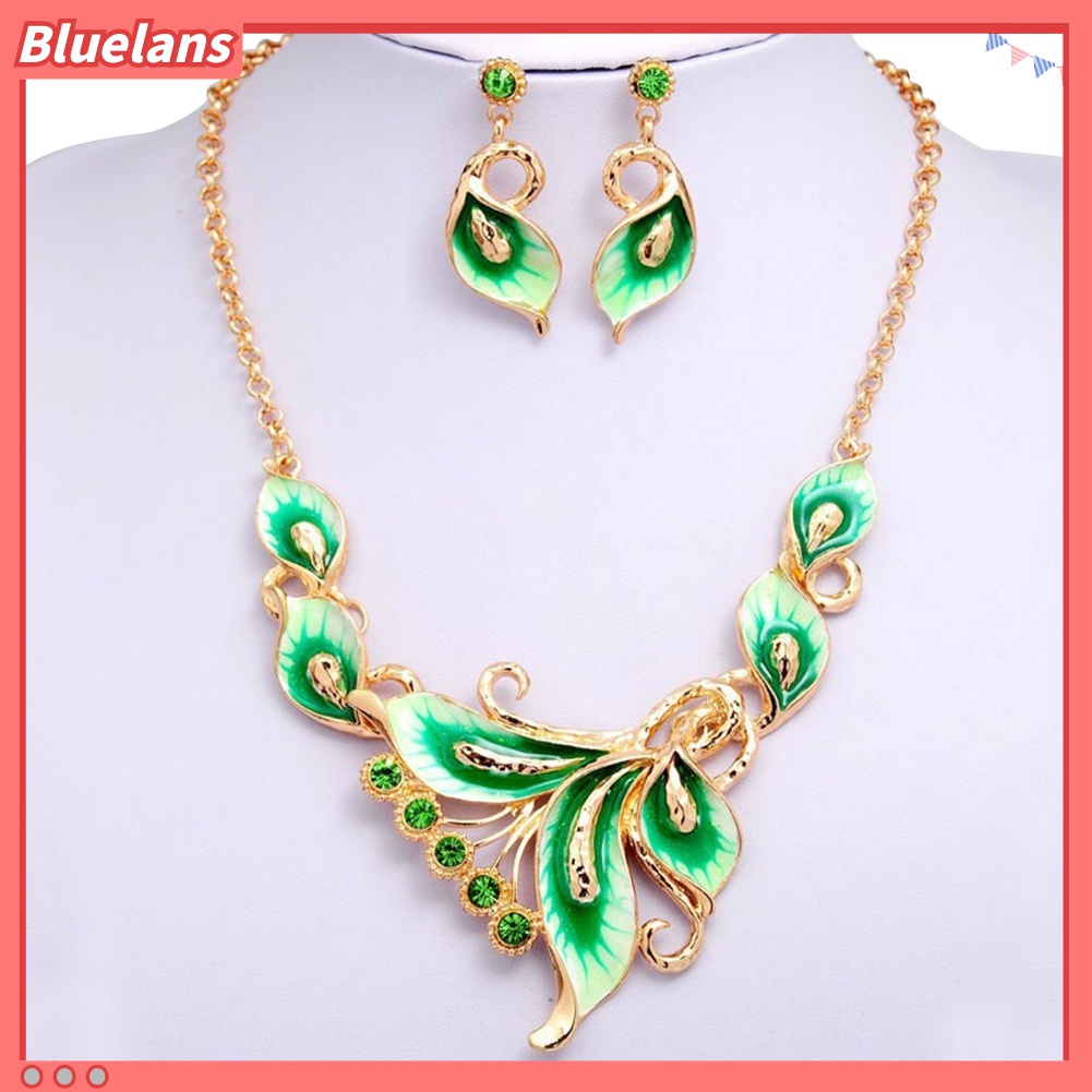 Bộ Vòng cổ + Bông Tai Đính Đá Hình Hoa Tráng Men 48h Cho Nữ