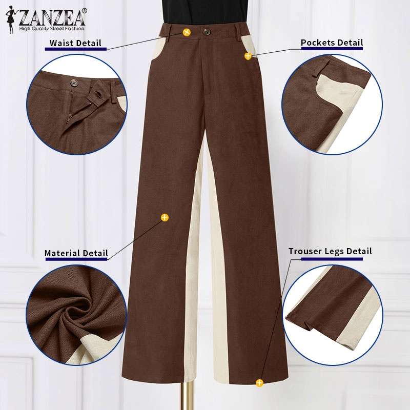 Quần dài ZANZEA vải lông cừu phối màu tương phản phong cách Hàn Quốc thời trang