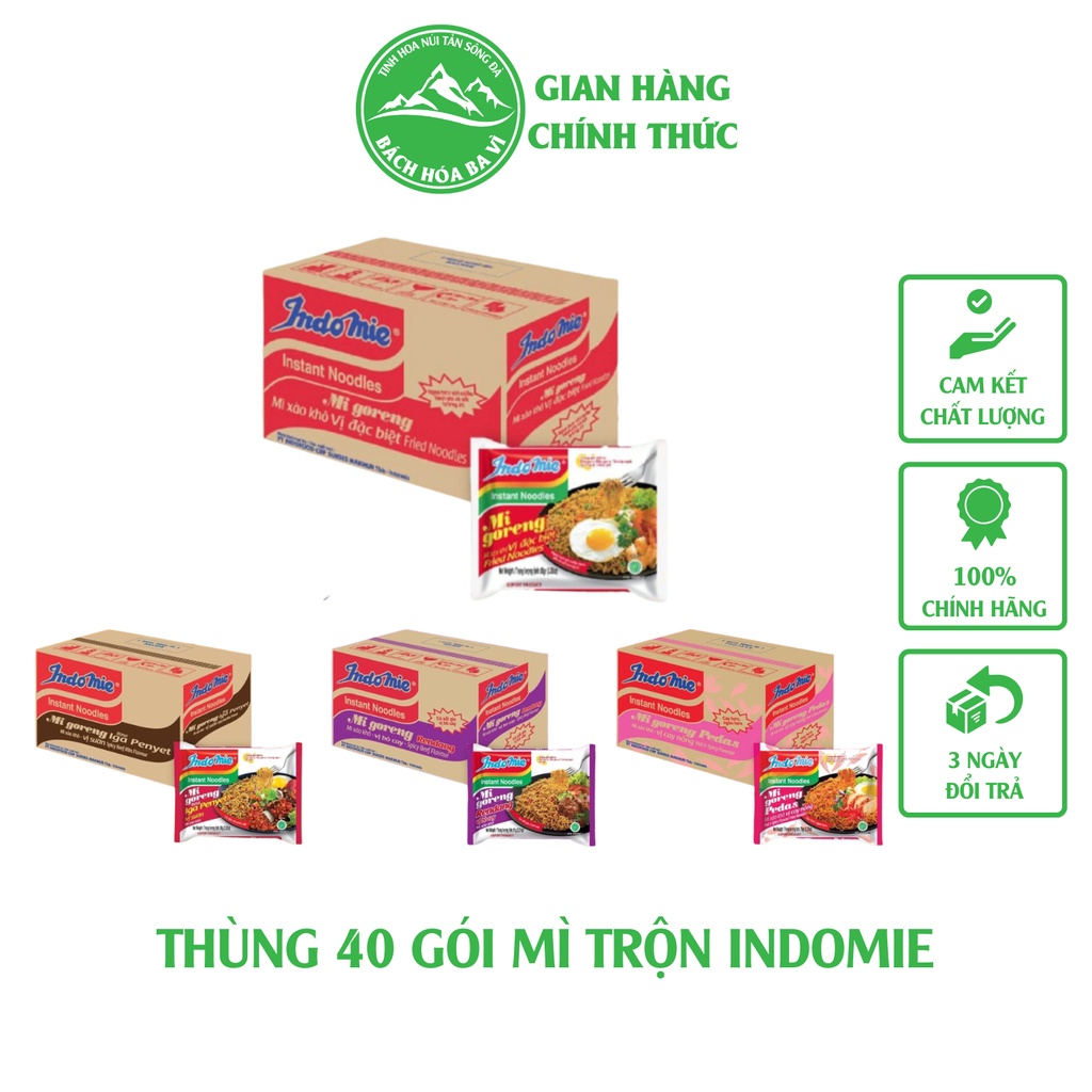 Thùng 40 Gói Mỳ xào khô / Mì Trộn Indomie Đủ Vị: Đặc Biệt, Sườn Cay, Bò Cay, Cay Nồng