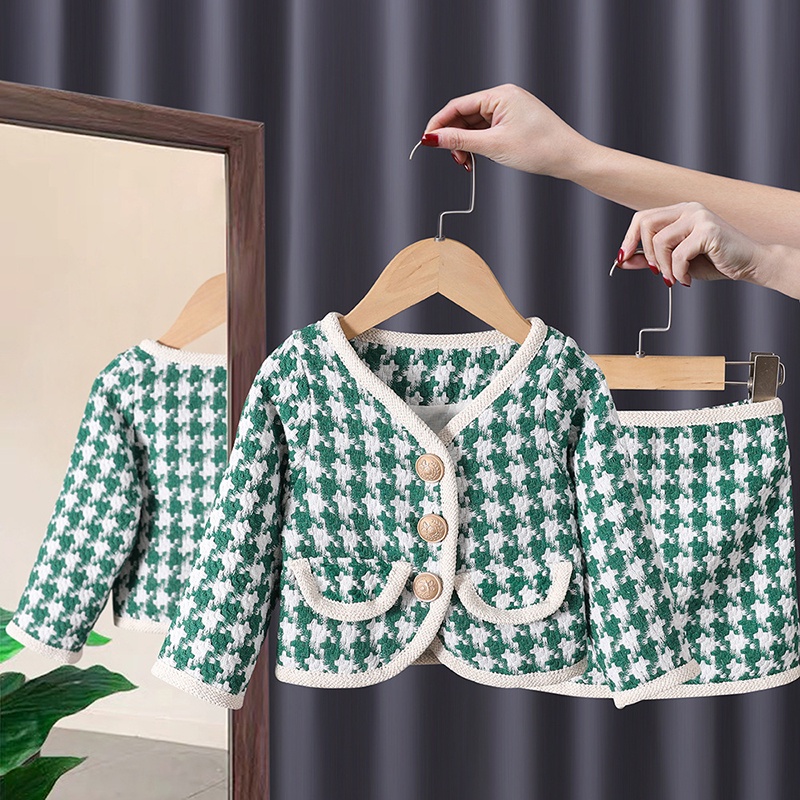 Bộ Áo Khoác cardigan + Chân Váy Ca Rô Xinh Xắn Theo Phong Cách Phương Tây Dành Cho Nữ