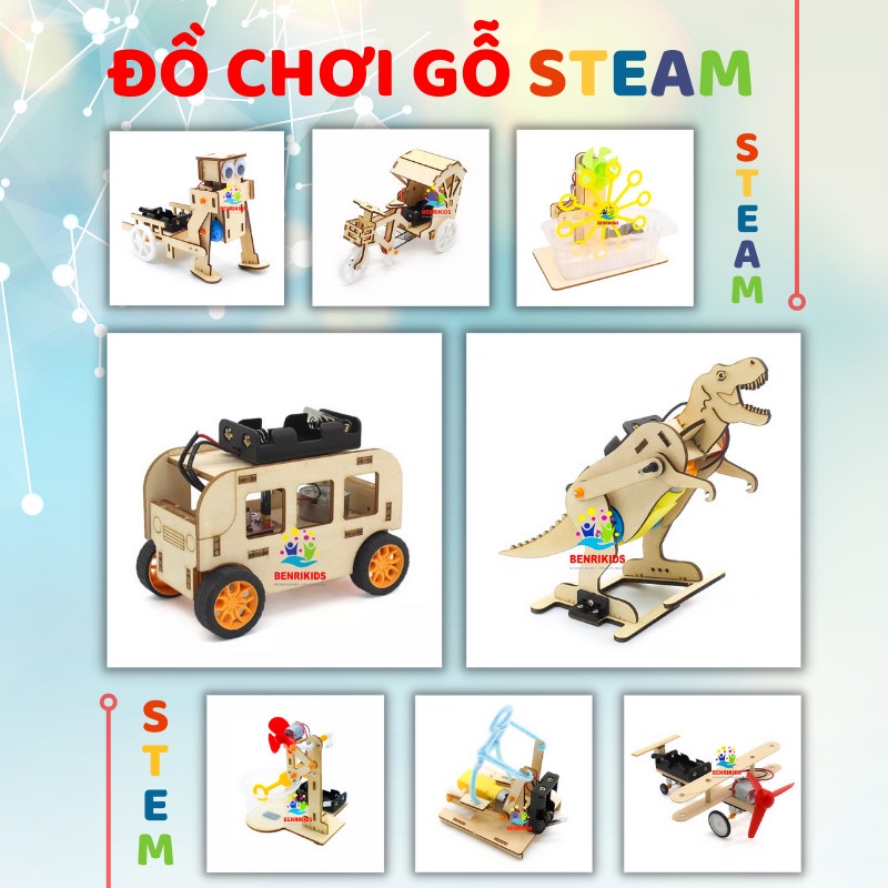 Đồ Chơi STEM - Mô Hình Lắp Ghép Nhiều Mẫu Bằng Gỗ Điều Khiển Bằng Động Cơ Theo Phương Pháp Giáo Dục STEM STEAM của Mỹ
