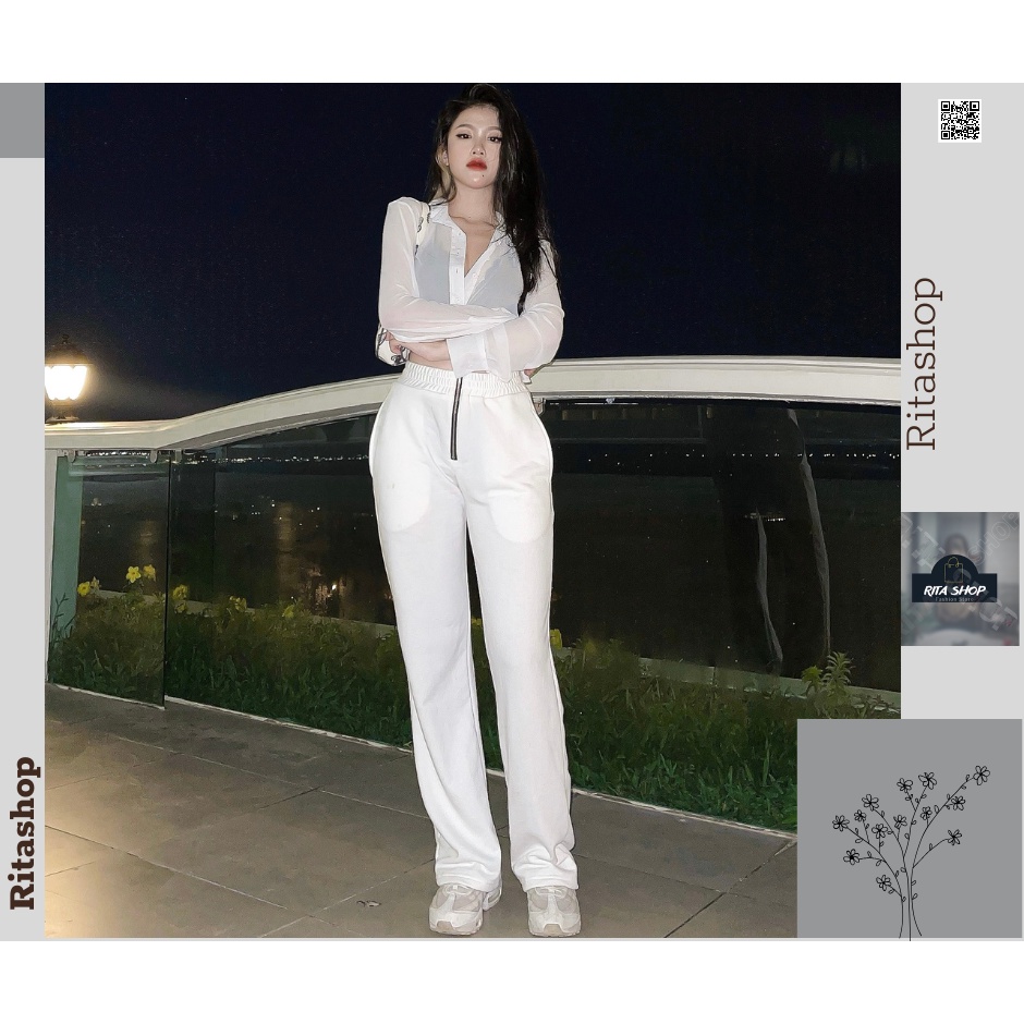 Quần Jogger Dài Ống Suông Phối Dây Kéo - Quần Culottes trơn cạp chun cotton ống suông phong cách năng động