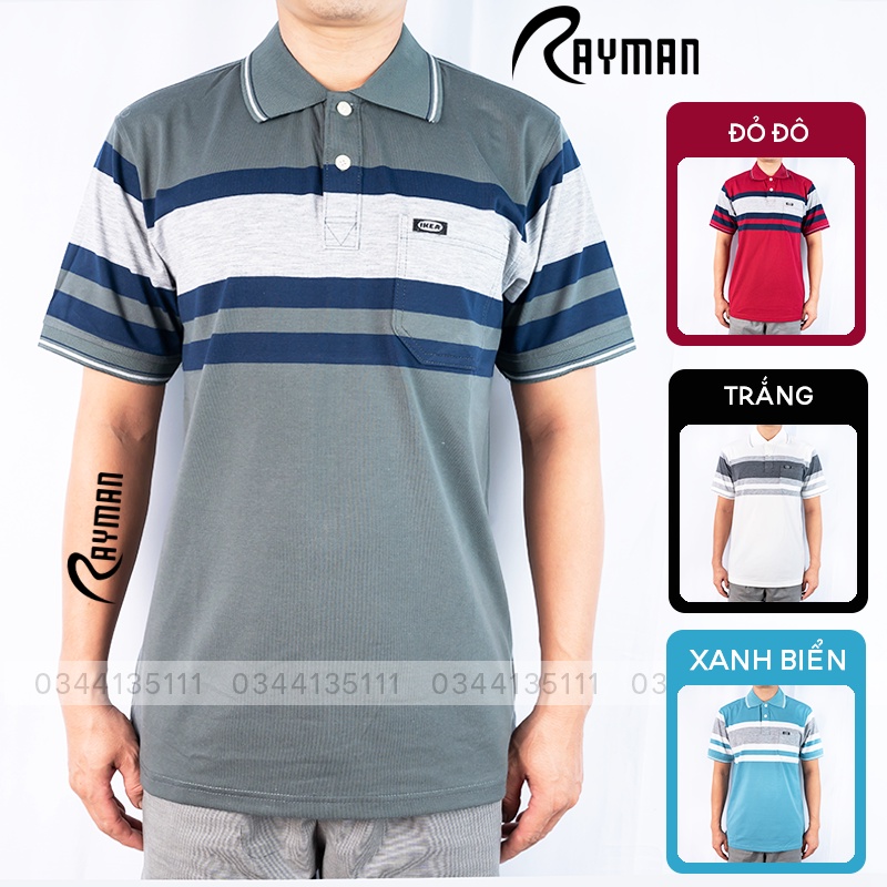 Áo Thun Có Cổ Kẻ Sọc Ngang Nam Có Túi RAYMAN Áo Phông Polo Trung Niên Cá Sấu Cotton