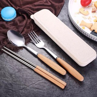 Bộ thìa đũa dĩa inox cán gỗ lúa mạch