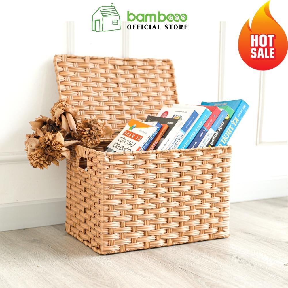 Giỏ đựng đồ đa năng BAMBOOO ECO hình chữ nhật, loại có nắp, để đồ phòng khách, phòng ngủ, decor trang trí nhà cửa