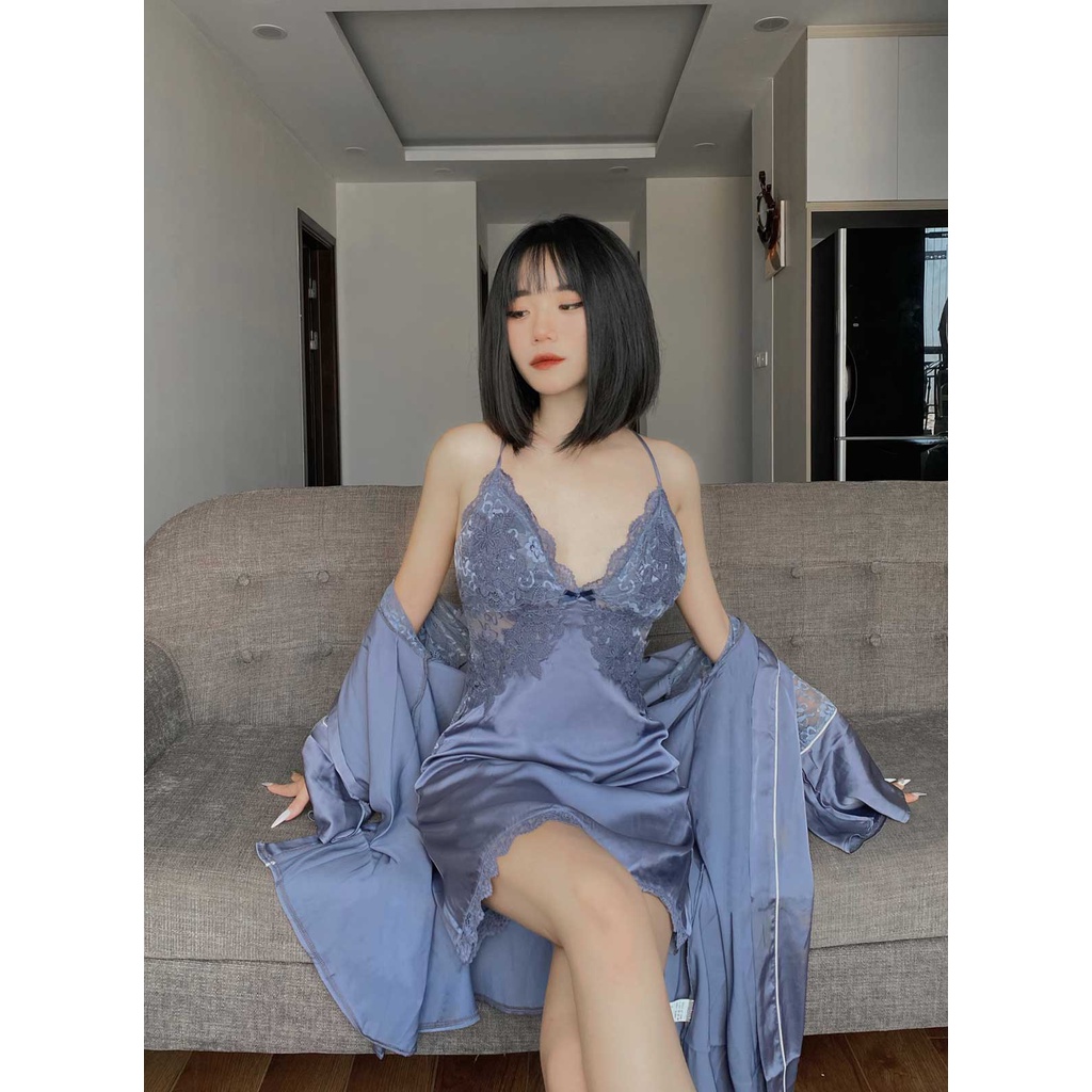 Váy ngủ nữ 2 dây có áo choàng Kayle đầm ngủ ren sexy gợi cảm lụa latin Uri Studio