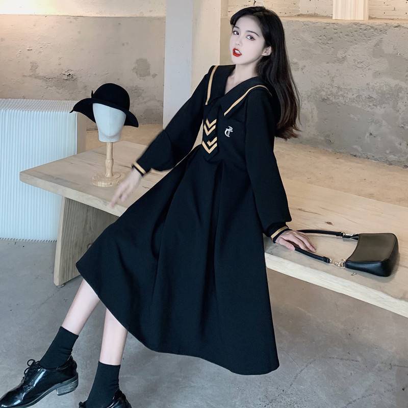 Váy babydoll đầm babydoll váy mùa đông Đầm Đen Tay Dài Dáng Rộng Cổ Thủy Thủ Phong Cách Preppy Pháp Thời Trang Mùa Thu 2021 Cho Nữ