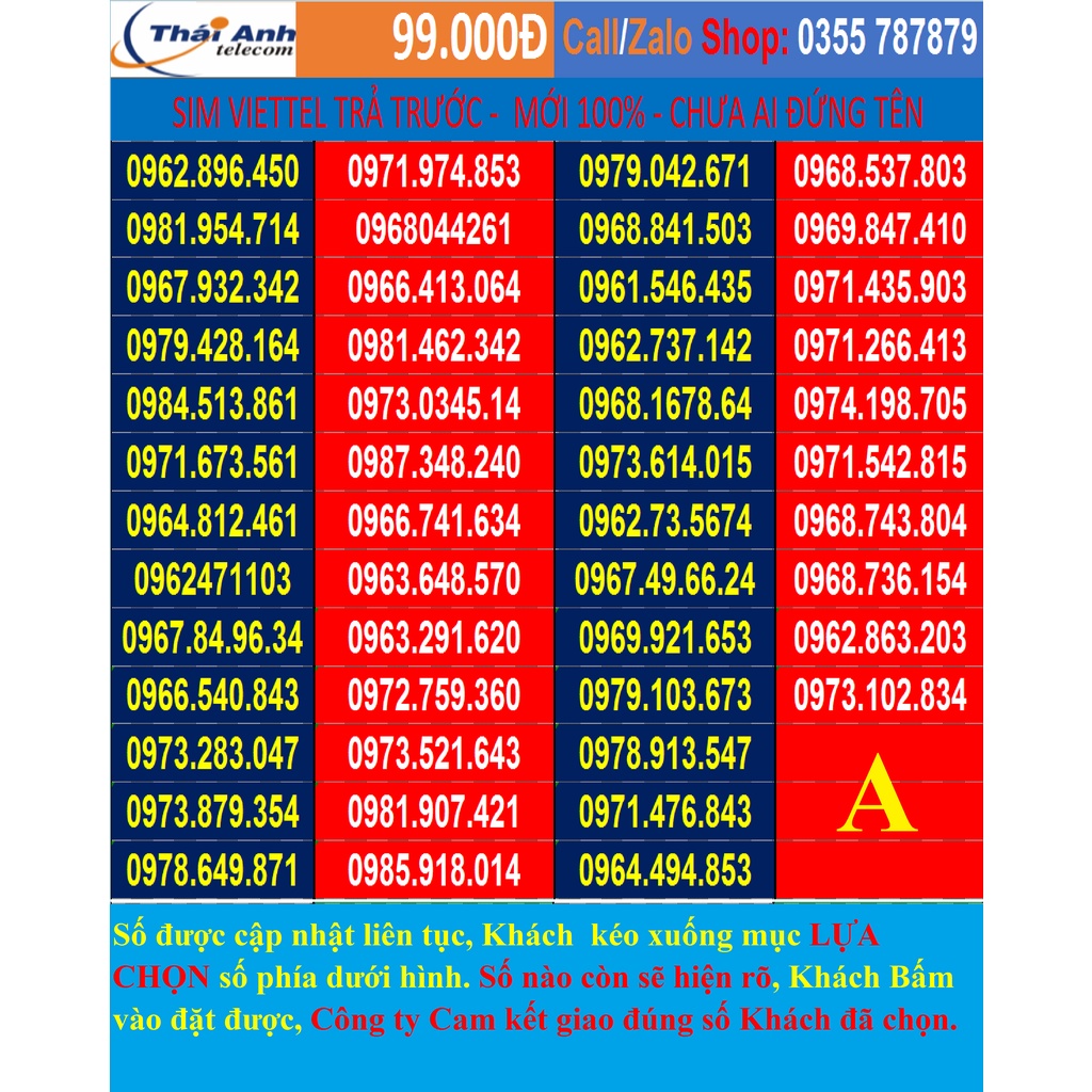 SIM Viettel TRẢ TRƯỚC 09 được CHỌN SỐ Giá 99.000đ - Sim gói cước Tomato, 4G nhiều gói cước V90(120Z), V120N,DK50. LIST