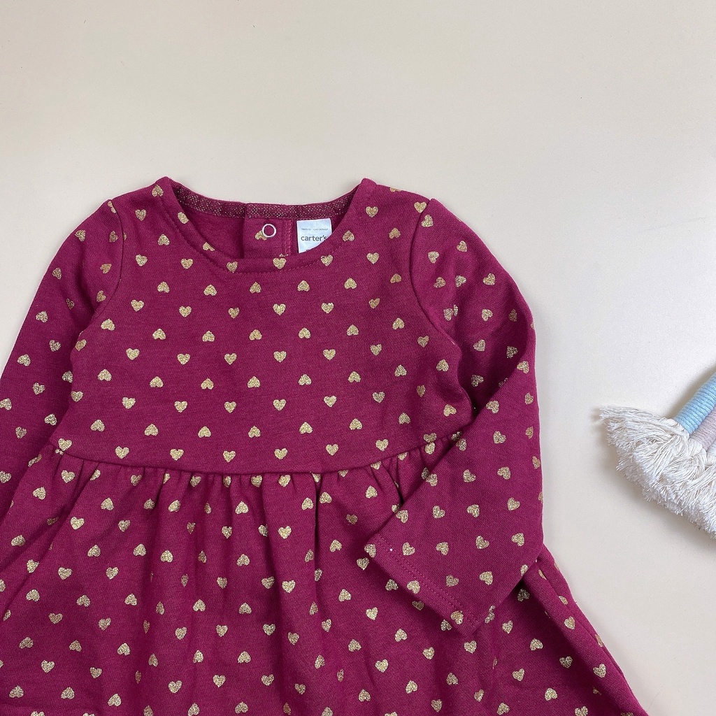 Váy nỉ bông CT màu đỏ mận hình tim nhũ vàng