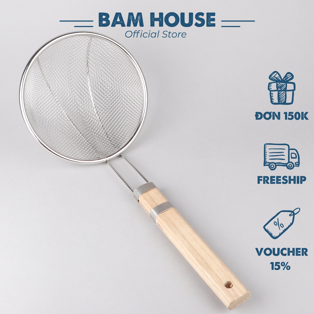 Vợt lưới vớt thức ăn inox Bam House cán gỗ đường kính 14cm cao cấp VCG01