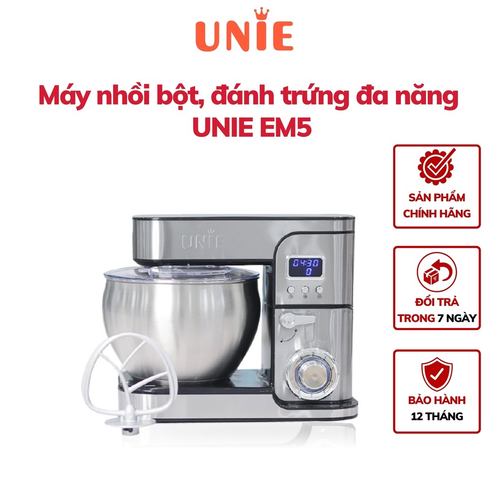 Máy nhồi bột chuyên dụng, đánh trứng đa năng UNIE EM5 1300W, thố trộn 8L, Sản phẩm chính hãng HTS