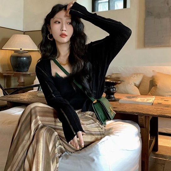 Áo cardigan ZHELIHANGFEI dệt kim cổ chữ V tay dài eo cao thời trang