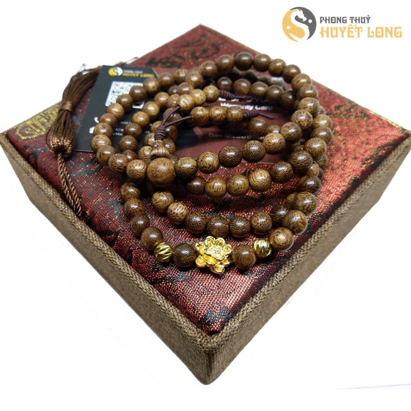 Chuỗi 108 Hạt Trầm Hương Tự Nhiên Mix Hoa Sen Bạc Xi Vàng, Vòng Tay Trầm Hương 108 Hạt Phong Thủy