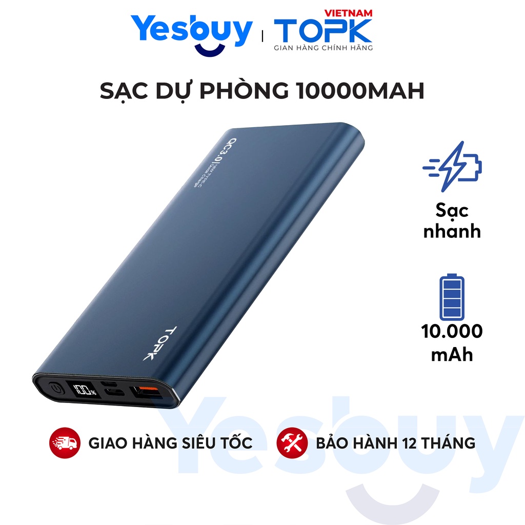 Sạc dự phòng TOPK I1006P 10000mAh - Sạc PD 18W - Màn hình LED - Hàng phân phối chính hãng - Bảo hành 12 tháng