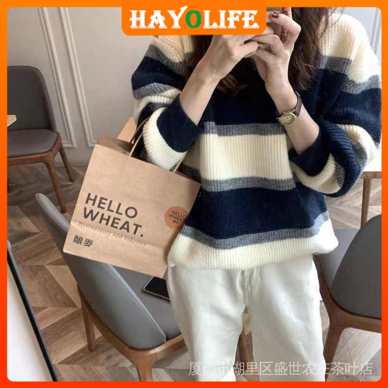 Áo Sweater Dệt Kim Mỏng Dáng Rộng Tay Dài Kẻ Sọc Thời Trang Xuân Thu 2022 Phong Cách Mới Cho Nữ