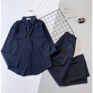 [Ảnh Thật/Hàng Sẵn] Set Sơ Mi Đũi Gân Basic Dáng Dài