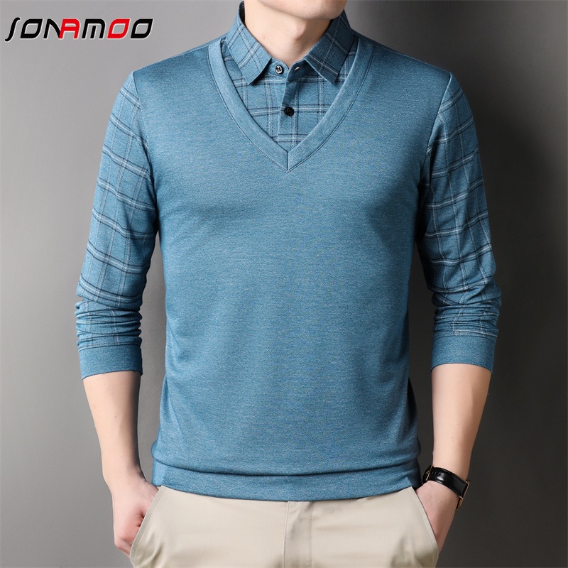 Áo Thun Nam Dài Tay Cổ Bẻ Giả Hai Lớp Màu Sắc Thời Trang