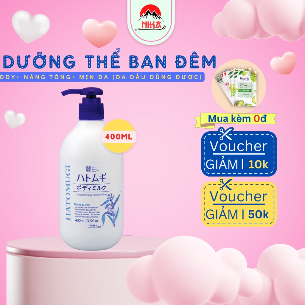 Sữa dưỡng thể ban đêm Hatomugi Body Milk 400ml - Dưỡng thể trắng da chống nắng toàn thân Hatomugi Nhật Bản