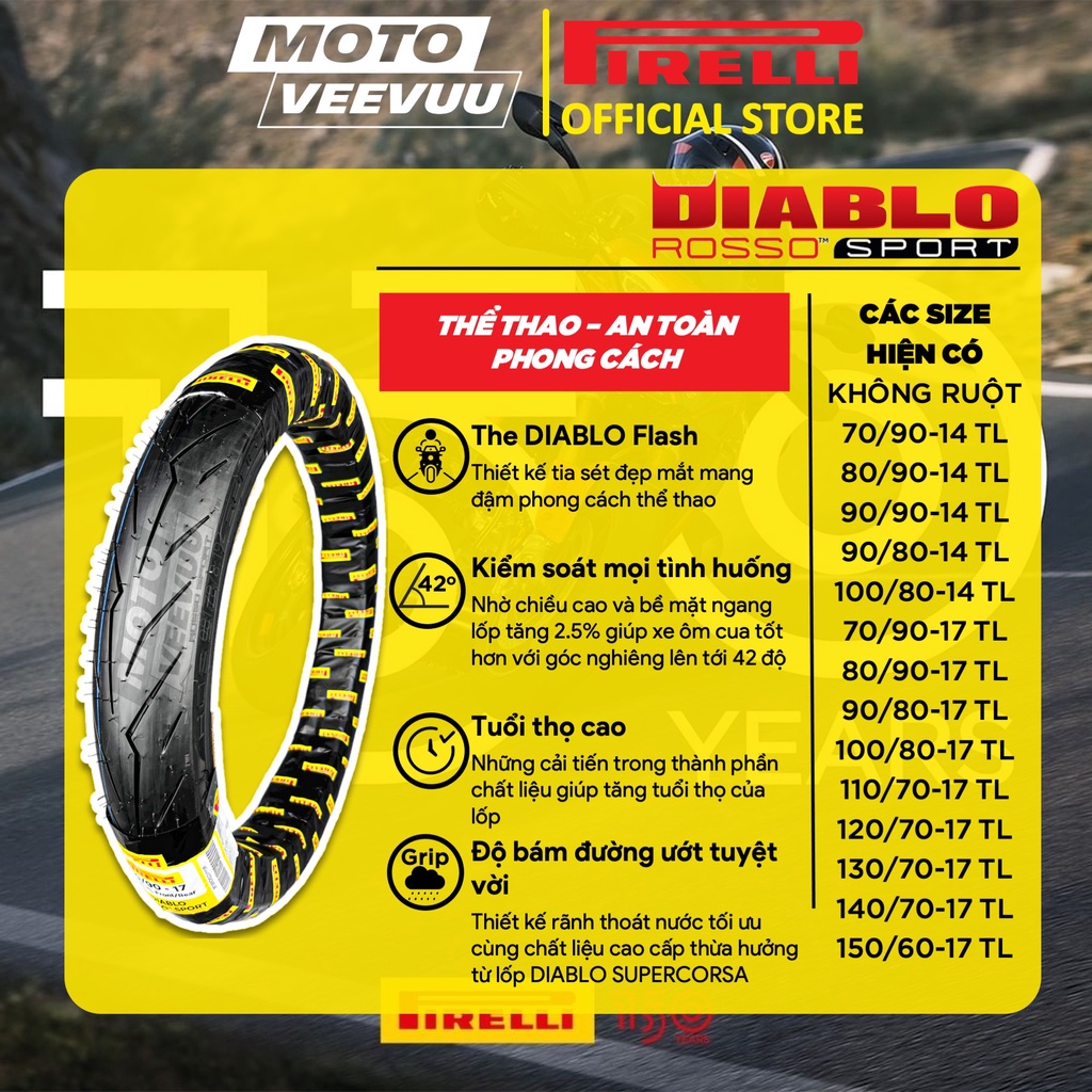 Vỏ lốp xe máy PIRELLI 90/80-17 TL Diablo Rosso Sport (Lốp không ruột)