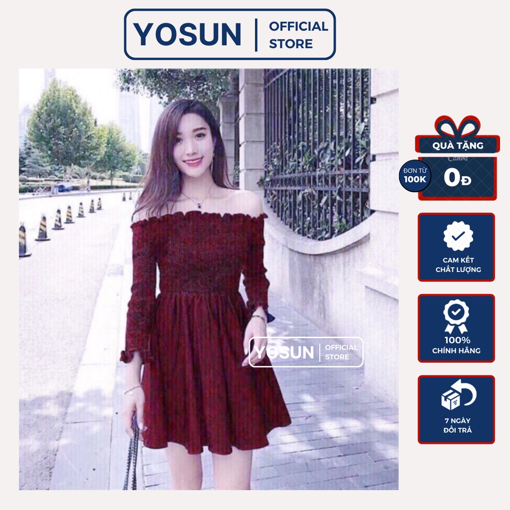 Đầm Nữ Đi Đám Cưới Trễ Vai Tay Dài Dáng Xòe Trẻ Trung, Váy Nữ Đi Chơi Form Ngắn Xinh Xắn Màu Đỏ