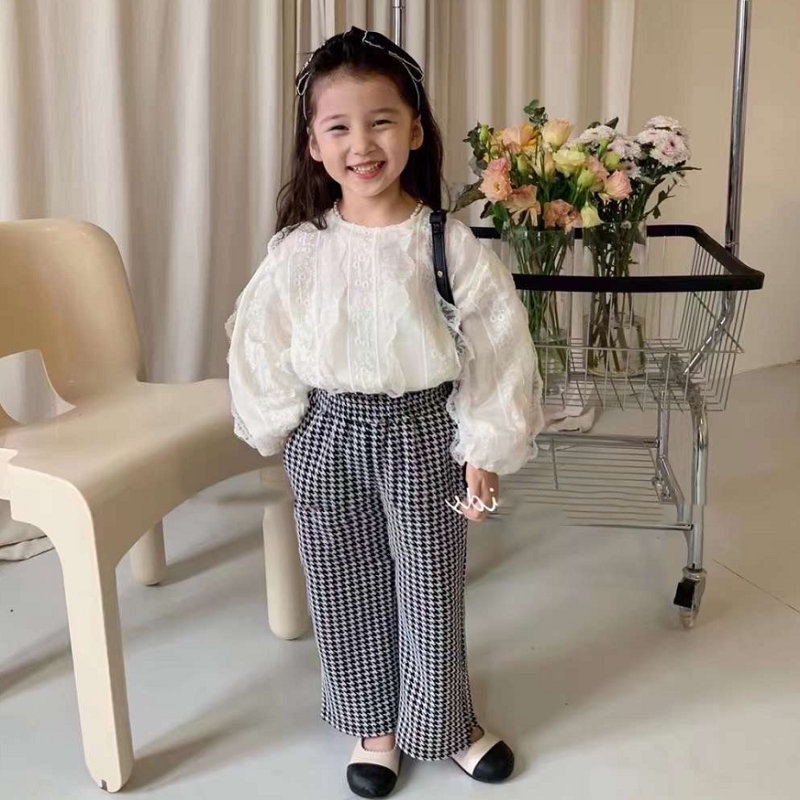 Set Đồ 22 Món Gồm Áo Lưới Ren + Quần Dài Eo Cao Kẻ Sọc Caro Phong Cách Mới Mùa Thu Cho Bé Gái