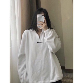 Áo swt nỉ  AK021 cổ polo khóa kéo cá tính trắng chữ thêu Áo sweater xanh nam nữ form thụng hoodie không mũ cao cổ