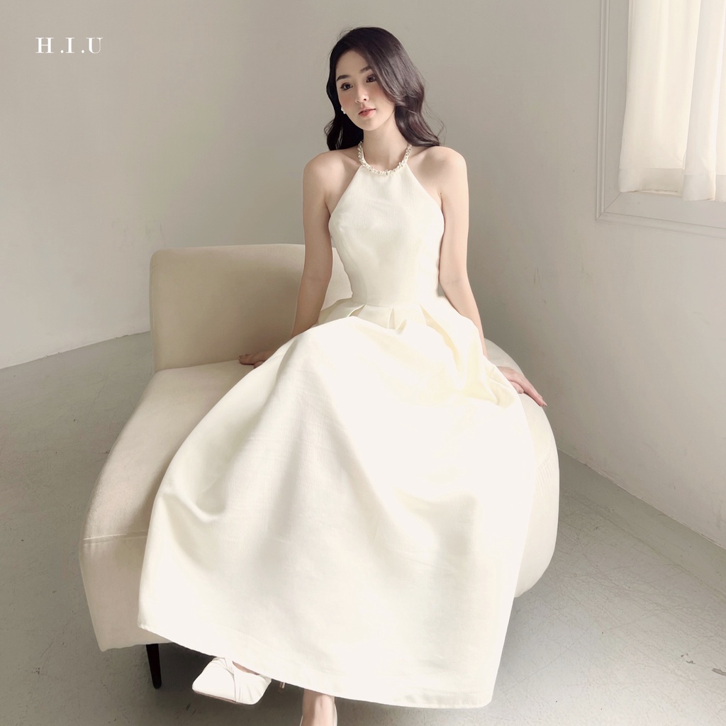 Váy nữ dự tiệc dáng midi Elen Dress cổ đính đá H.I.U Fashion , kiểu thanh lịch sang trọng tôn dáng HIU design