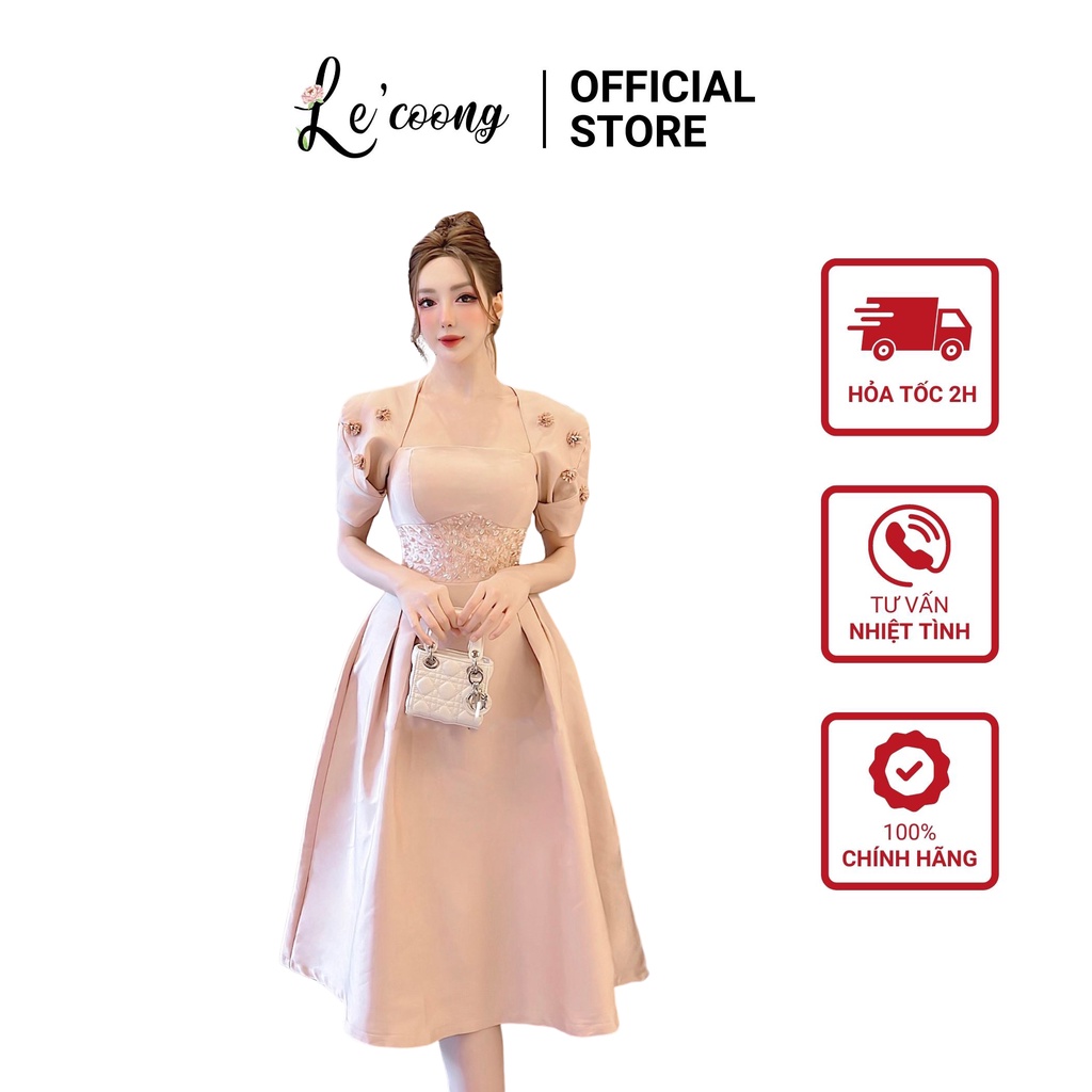 Đâm Dự Tiệc Dáng Xòe LECOONG V242 Tay Bồng Đính Hoa Xếp Ly Eo Che Khuyết Điểm
