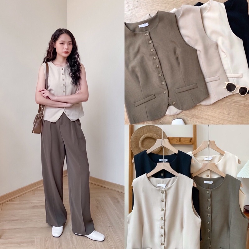 Áo khoác gile vest nữ 2 cơi túi giả khuy xéo 76a44 by germe