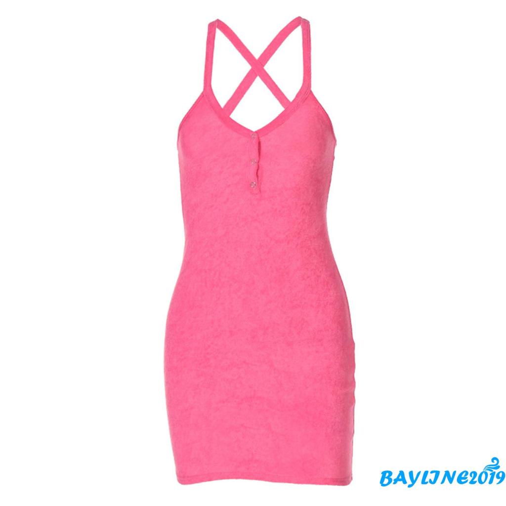 Đầm Hai Dây Ngắn Ôm Dáng Cổ Chữ V Hở Lưng Màu Trơn Thời Trang Cho Nữ