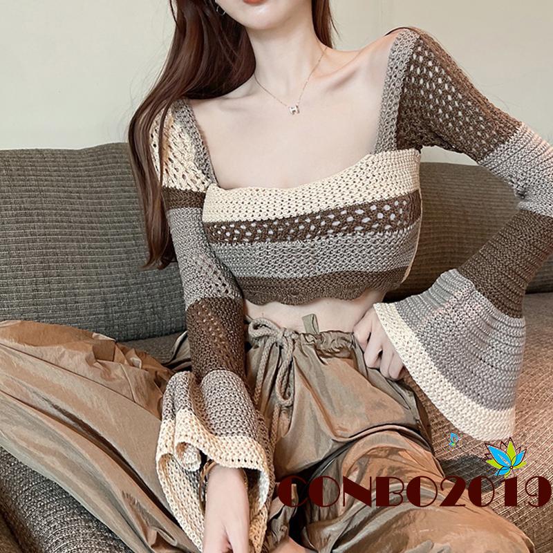 Áo Thun Tay Dài Dệt Kim Màu Sắc Tương Phản Thời Trang Dành Cho Nữ