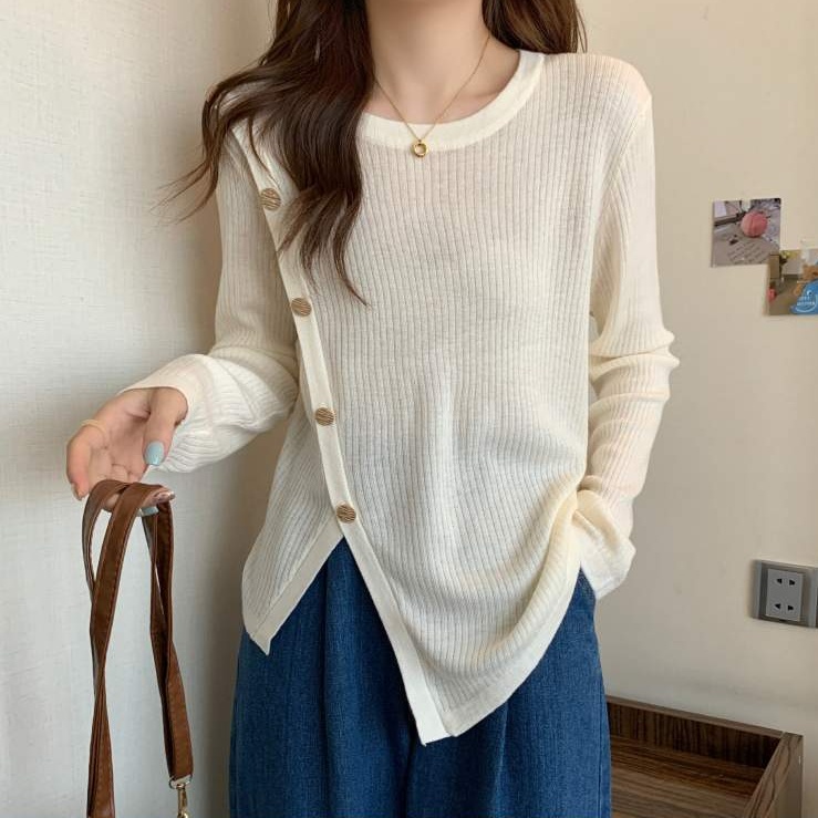 Áo nữ dệt kim ZHELIHANGFEI tay dài dáng rộng tà xẻ độc đáo dễ phối đồ