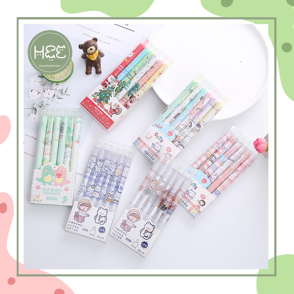 Set 6 bút bi bấm mực gel đen hoạt hình nhiều màu sắc dễ thương December08.store