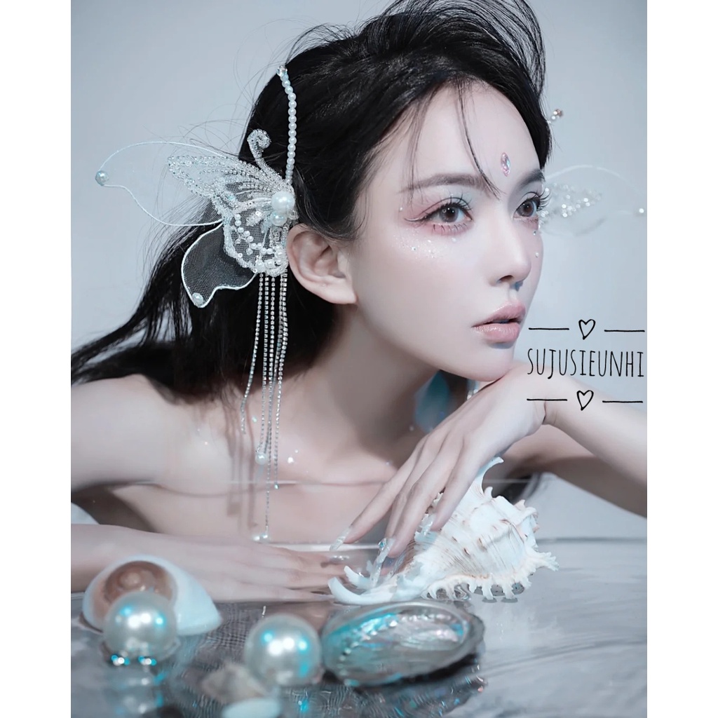 kẹp tóc hanmade hình cánh thiên thần bướm vải lưới đính đá dây tua rua chụp ảnh, dành cho cô dâu
