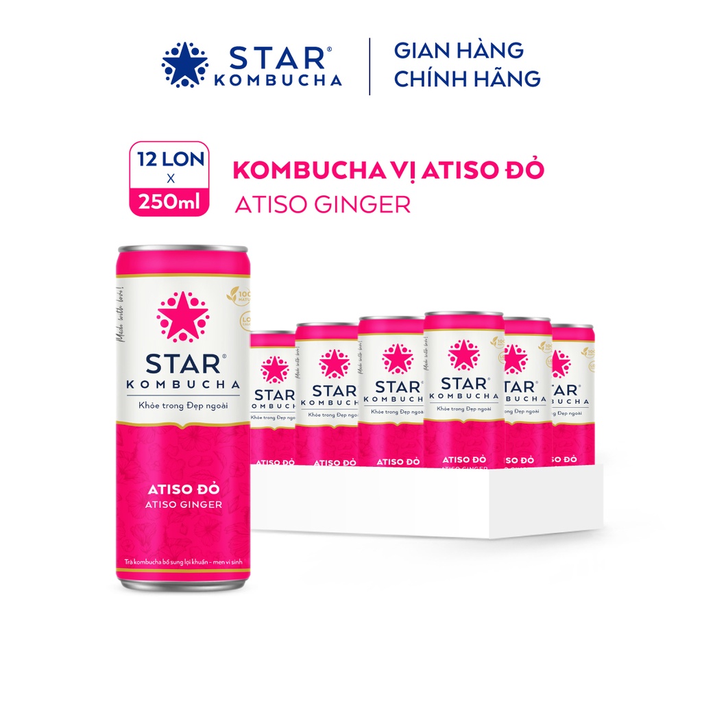 Thùng 12 lon trà STAR KOMBUCHA Atiso đỏ / Atiso Ginger (250ml/lon) - Trà lên men vi sinh bảo vệ sức khoẻ