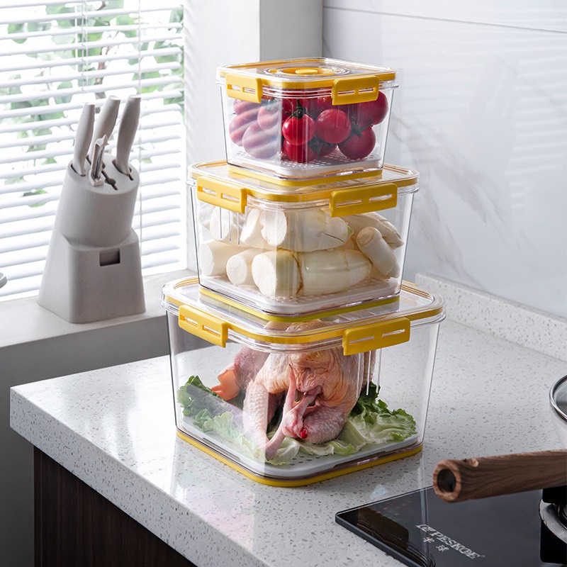 Set 3 Hộp Nhựa Vuông Đựng Thức Ăn Tủ Lạnh, Hộp Thực Phẩm Có Vòng Ghi Chú Thời Gian Tiện Lợi