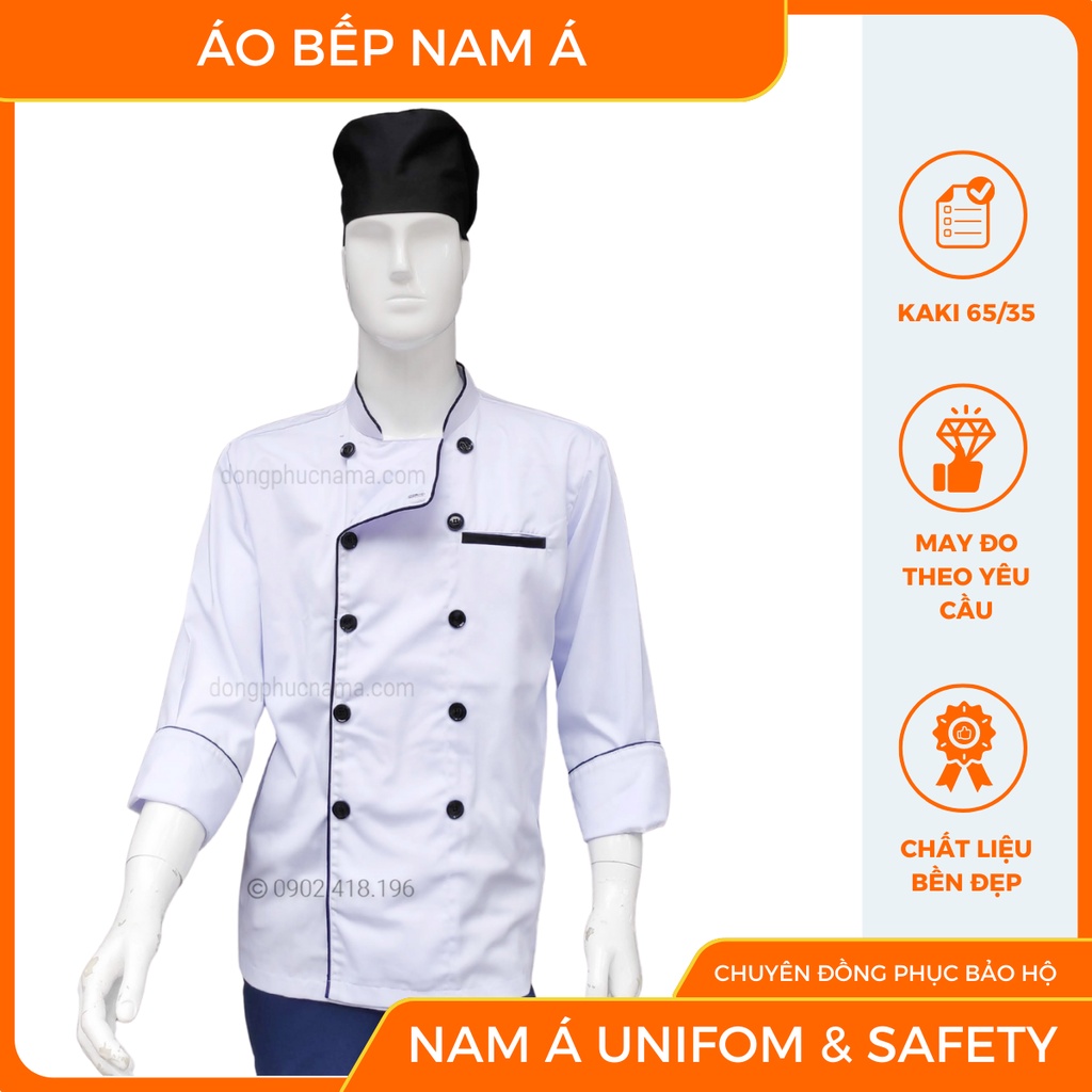 Áo đầu bếp trắng phối viền đen thời trang