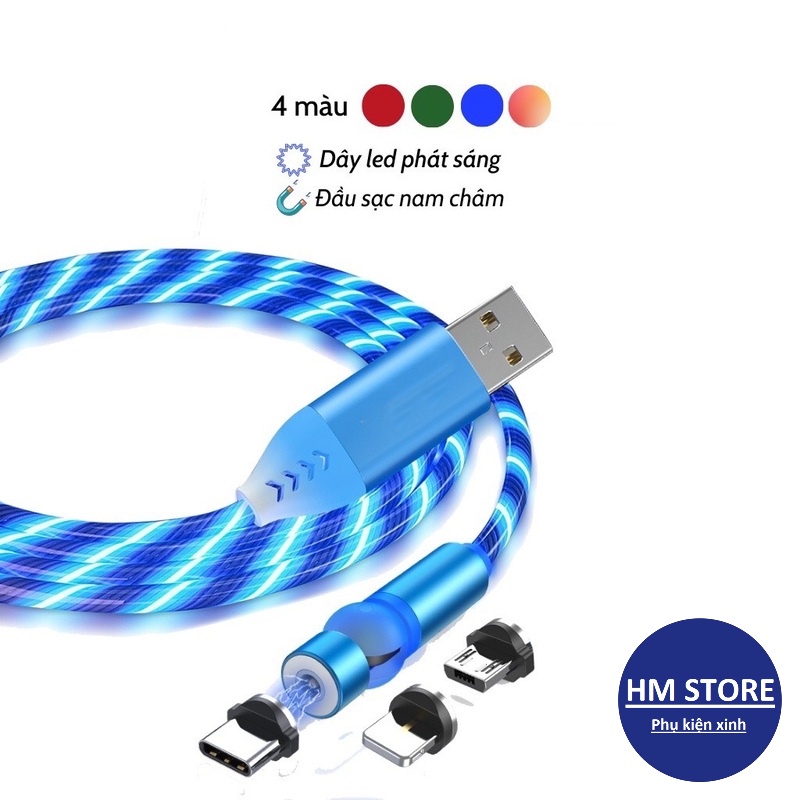 Dây cáp sạc điện thoại 3 đầu (Micro USB, Type C, L-j-g-h-t-n-j-n-g) nam châm từ tính có đèn Led cho điện thoại máy tính