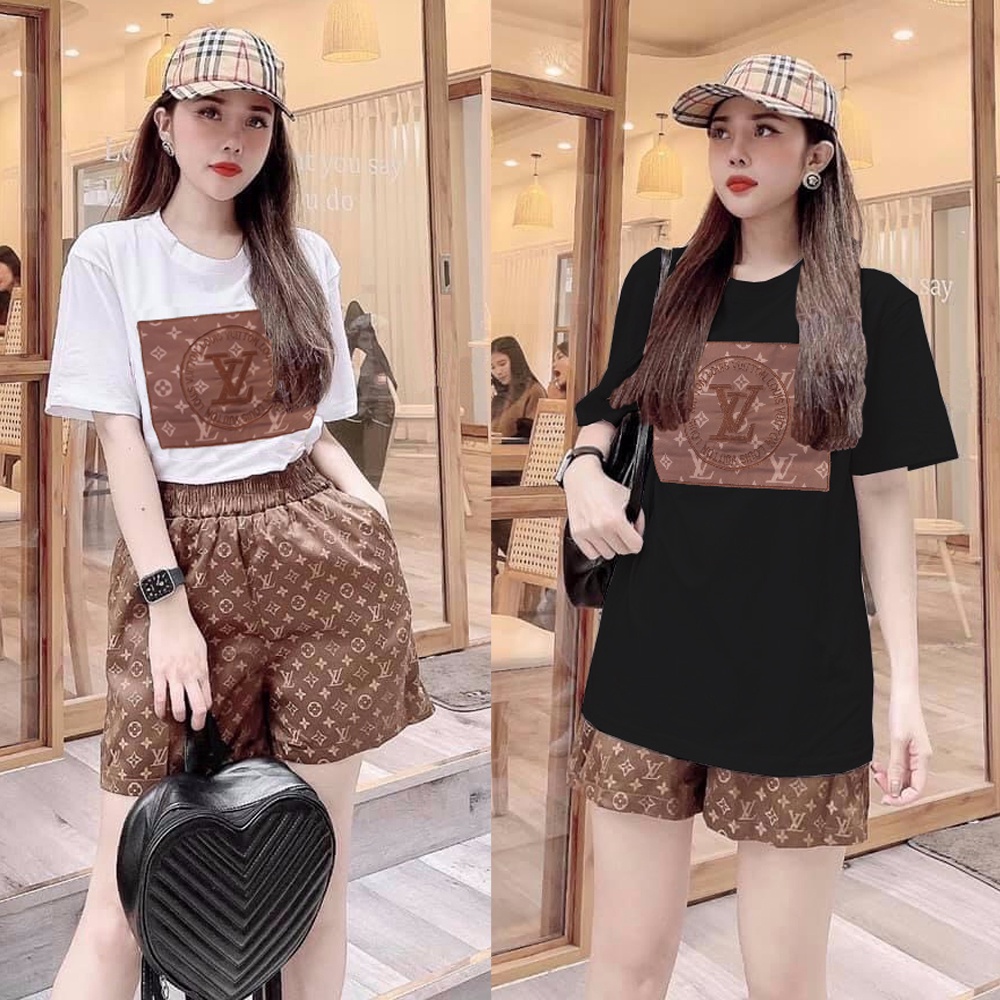 Đồ bộ đùi form rộng áo thun cotton logo đắp quần thun lạnh in 3D MS068