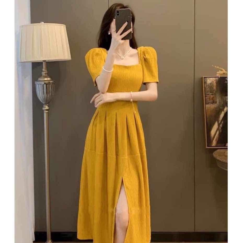 Váy đầm cổ vuông xẻ tà xếp ly eo,đầm nữ dáng xòe dài thiết kế chất liệu xốp gân sọc (full 2 lớp) nhẹ nhàng sang chảnh MP